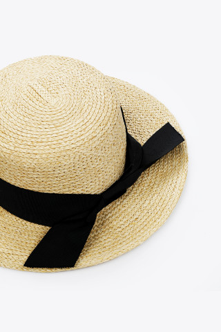 HAT STRAW NATURAL COLORED RIBBON BOW BACK 