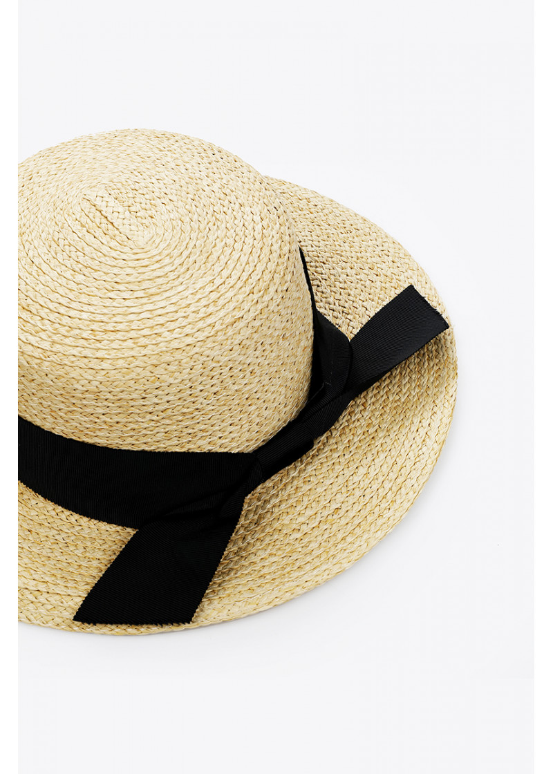 HAT STRAW NATURAL COLORED RIBBON BOW BACK 